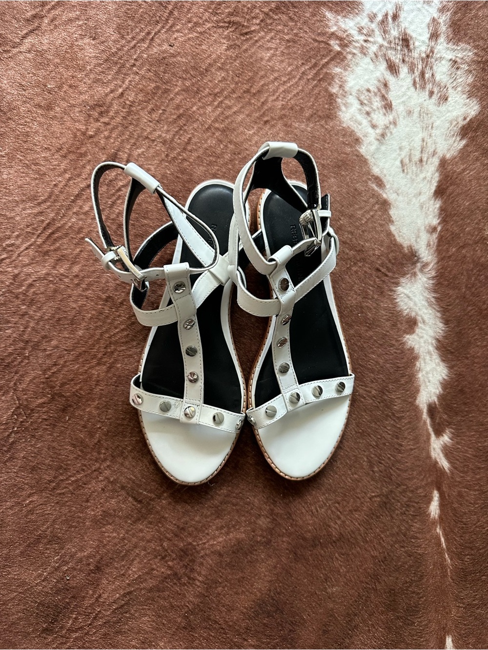 Rebecca Minkoff White Studded T-Strap Sandals